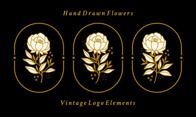 Vector feminine logo design templates in trendy linear minimal style. Peony flowers and botanical leaf branch. Symbols and icons for cosmetics, jewellery, beauty and handmade products