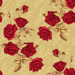 Seamless pattern of red roses flowers on a yellow background.
