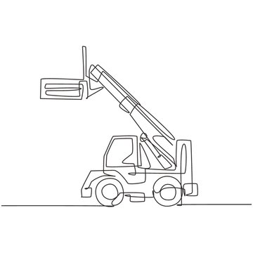 Single continuous line drawing of forklift for loading goods in warehouse, commercial vehicle. Heavy loader machines equipment concept. Trendy one line draw design graphic vector illustration