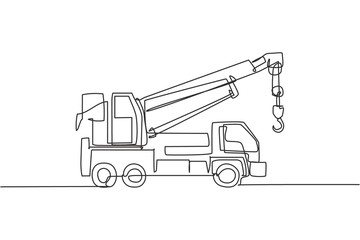 Fototapeta na wymiar Single continuous line drawing of crane truck for building construction, business commercial vehicles. Heavy transportation machines equipment concept. Trendy one line draw design vector illustration