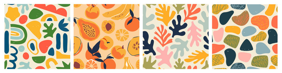 Abstract seamless pattern bundle with natural shapes, random freehand matisse wallpaper collection. Trendy fashion background includes modern minimalist art, tropical fruit and exotic summer doodles.  - Powered by Adobe