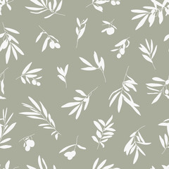 Olive Branch with Leaves and Fruit Seamless Pattern in a Trendy Minimal Style. Outline of a Botanical Background. Floral Green Vector Ornament for printing on fabric, invitation, wrapping, wallpaper