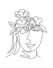 Single continuous line drawing nature portrait minimalist. Flower bouquet head concept. Beauty floral cosmetic salon abstract face print. Trendy one line art draw design vector graphic illustration