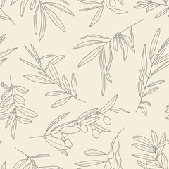 Seamless Pattern with Olive Branch in a Trendy Minimal Style. Outline of a Botanical Background. Floral Vector Ornament for printing on fabric, invitation, wrapping, wallpaper