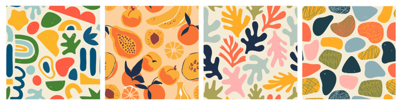 Naklejki Abstract seamless pattern bundle with natural shapes, random freehand matisse wallpaper collection. Trendy fashion background includes modern minimalist art, tropical fruit and exotic summer doodles. 