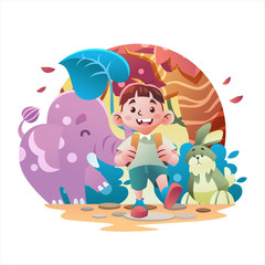 Ecotourism Fauna Boy With Elephant Rabbit and Tree