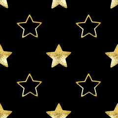 Seamless pattern golden stars on black background isolated, decorative shiny gold stars repeating ornament, bright glittering Сhristmas starry decoration backdrop, New Year wallpaper, holiday texture