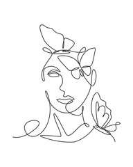 Single continuous line drawing beauty woman with butterfly artwork. Botanical, fashion, t-shirt print. Portrait face minimalistic style concept. Trendy one line draw design graphic vector illustration