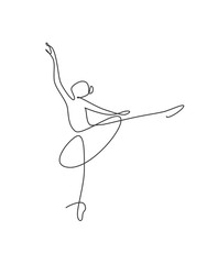 Fototapeta premium Single continuous line drawing pretty ballerina in ballet motion dance style. Beauty sexy dancer concept logo, Minimalist poster print art. Trendy one line draw design vector graphic illustration