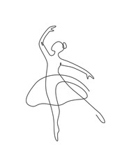 One continuous line drawing woman beauty ballet dancer in elegance motion. Minimalist sexy girl ballerina performs dance concept. Wall decor print. Single line draw design graphic vector illustration