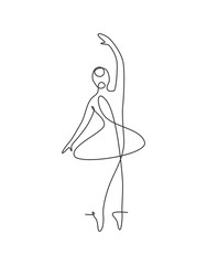 Single continuous line drawing pretty ballerina in ballet motion dance style. Beauty sexy dancer concept logo, Minimalist poster print art. Trendy one line draw design vector graphic illustration