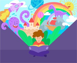 Young child reading a book with a fairy castle rainbow and brightly colored cartoon characters , colored vector illustration