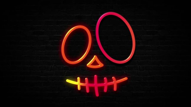Orange traditional scary smile, Halloween flashing neon sign, loop animation, 4K