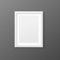 Blank white photo frame mockup on wall, realistic vector illustration isolated.