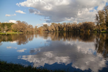 Small lake autumn park landscape with bright trees