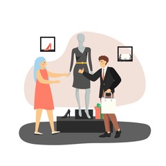 Young man buying gift black dress for his girlfriend in woman clothing store, flat vector illustration