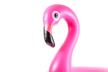 Summer fun. Pink pool inflatable flamingo for summer beach isolated on white background. Luxury lifestyle travel.