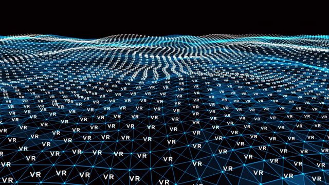 4k abstract Digital blue Wave of particles with text VR dance motion on wave and light.Futuristic dots background with a dynamic wave.Big data.Cyber or technology background.