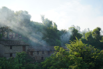 Landscape of a village covered with green trees captured in the evening.