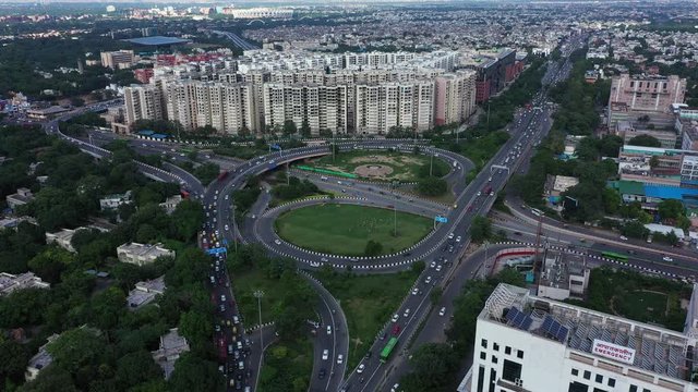 An aerial shot of the flyover with running traffic in New Delhi, India
