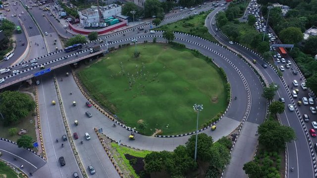 An aerial shot of the flyover with running traffic in New Delhi, India