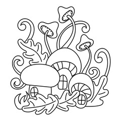 Mushrooms-houses in the magic forest. Plants and leaves, Doodle illustrations . Template for coloring books, postcards . Black and white pattern