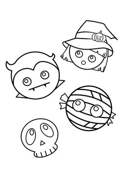 Black line halloween elements, such as witch, dracula, mummy  and skull. Hand drawn cute cartoon festival holiday. Doodle for coloring, decoration or any design. Vector illustration of kid.