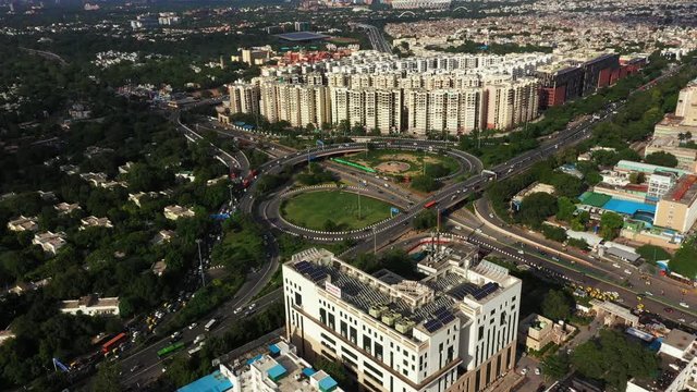 An aerial shot of the flyover with running traffic in New Delhi, India