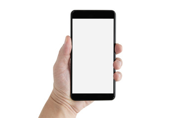 Hand of a white man holding a black smartphone and a white screen at a isolate background with clipping path.design for banner and advertising.