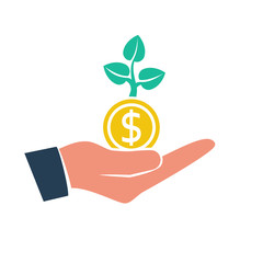 Money growth. Investment concept. Finance and Money. Business growing up. Vector illustration flat design. Isolated on white background. In the hand is the coin, plant grows as symbol of startup.