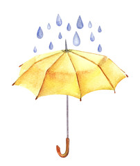 Watercolor image of yellow automatic open umbrella with blue drops of rain above. Hand drawn illustration on white background. Accessory with curved handle