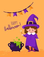 Halloween cartoon greeting card or nursery poster - baby girl in halloween costumes of witch, cauldron with potion, flags garland, copy space for your text, traditional holiday vector template