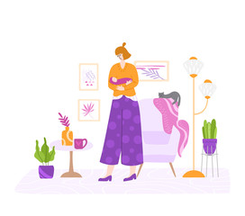 Happy motherhood or maternity concept - woman is nursing a newborn, holding a baby in her arms. Yong mother and little child in cozy room indoors. flat cartoon female character - vector illustration