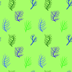 Seamless vector pattern with branches of coniferous plants in pastel colors. 