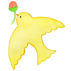 蕾を運ぶ黄色い小鳥の水彩イラスト