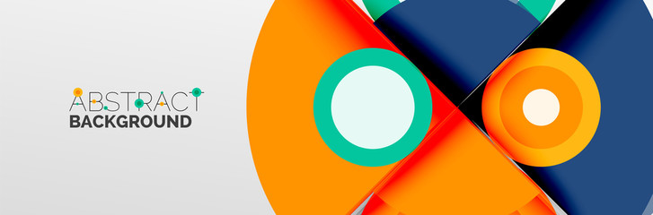 Bright color circles, abstract round shapes and triangles composition with shadow effects. Vector modern geometric design template