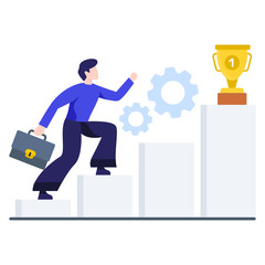 
Man on stairs with gear, self management in flat style
