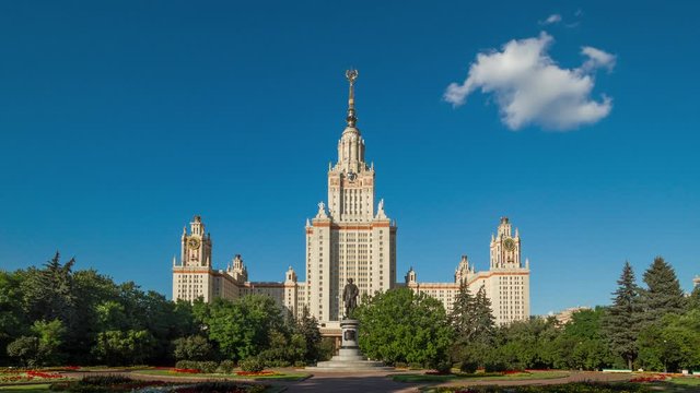 Moscow State University main building and Lomonosov monument. Iconic building and sightseeing in Moscow, Russia. 4K Time lapse 60 fps