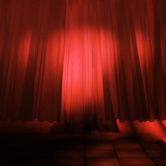 3d room with red curtains