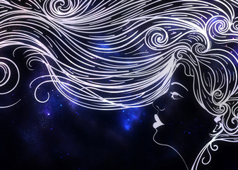 Female portrait in profile with starfield