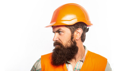 Portrait architect builder, civil engineer working. Bearded man worker with beard in building...
