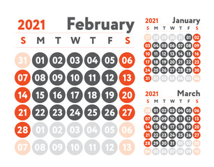 February 2021 calendar. Planner design. English calender. Red color vector template. Week starts on Sunday. Business planning.