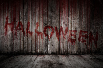 Write Halloween message on bloody background scary old wooden wall and concrete floor, concept of Halloween and horror crime - obrazy, fototapety, plakaty