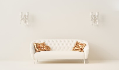 Interior of the room in cream monochrome pastel blue color with sofa, gold pillow and vintage wall lamp .Light background with copy space. 3D rendering for web page, presentation or social media