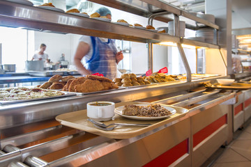Self-service cafe. Distribution table.