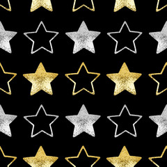 Seamless pattern golden & silver stars black background isolated, decorative shiny stars repeating ornament, bright glittering Сhristmas starry decoration backdrop, New Year wallpaper, holiday texture