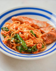 Plate of traditional Italian pasta with meat. Healthy and delicious dinner.