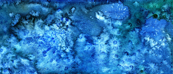 blue and blue watercolor background with stains, stains from the salt similar to snowflakes. Paper background. Background for decoration and your design. Watercolor background horizontal