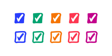 Collection of colored buttons with checkmark icon. Vector illustration.	