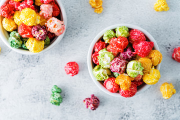 Multicolor caramel sweet Popcorn in a white bowl